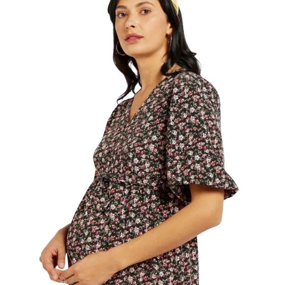 MAX Women’s Black Floral Maternity Midi Dress Medium - Picture 1 of 7